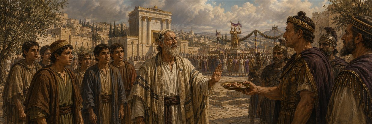 The elderly Eleazar calmly refuses unlawful food before witnesses as foreign rites overshadow the Jerusalem temple